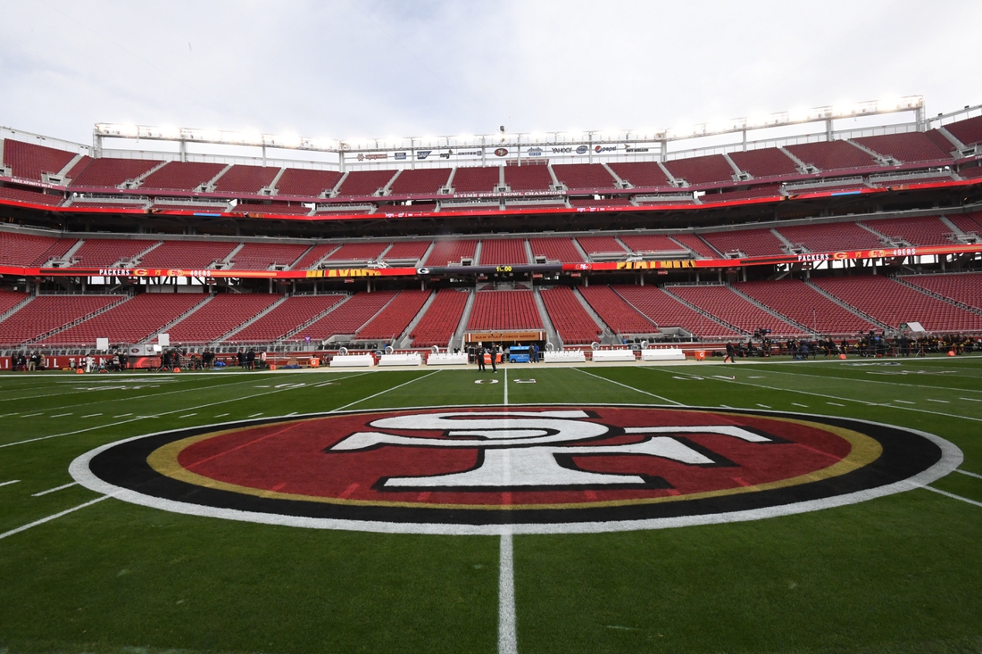 Jan 19, 2020; Santa Clara, California, USA;  A general view of the 49ers  logo on the field before the NFC Championship Game between the San Francisco 49ers and Green Bay Packers at Levi's Stadium. Mandatory Credit: Kirby Lee-USA TODAY Sports