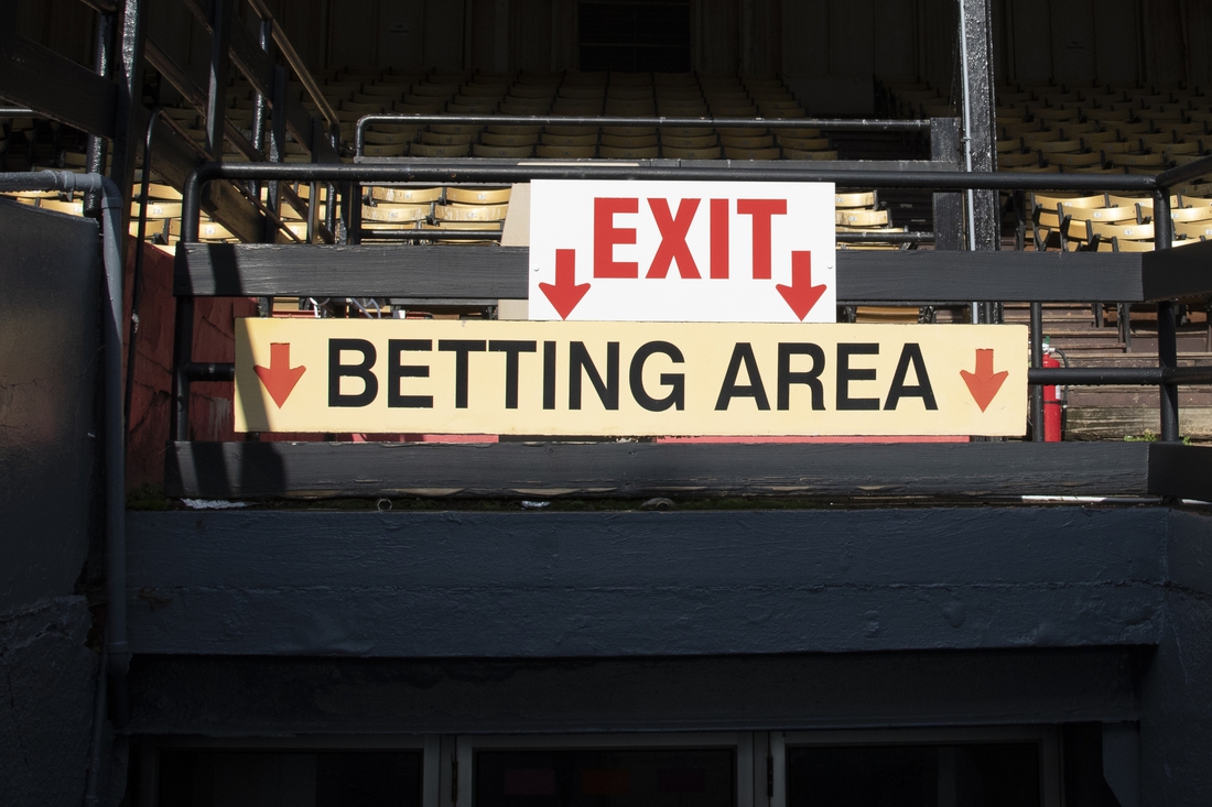 Oct 2, 2020; Baltimore, Maryland, USA;  A view of the Betting Area sign at Pimlico Race Course. Mandatory Credit: Tommy Gilligan-USA TODAY Sports