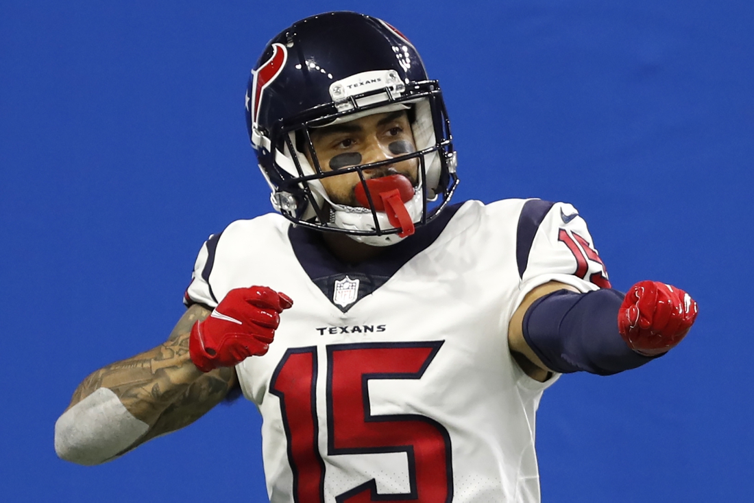 Nov 26, 2020; Detroit, Michigan, USA; Houston Texans wide receiver Will Fuller (15) celebrates after scoring a touchdown during the fourth quarter against the Detroit Lions at Ford Field. Mandatory Credit: Raj Mehta-USA TODAY Sports