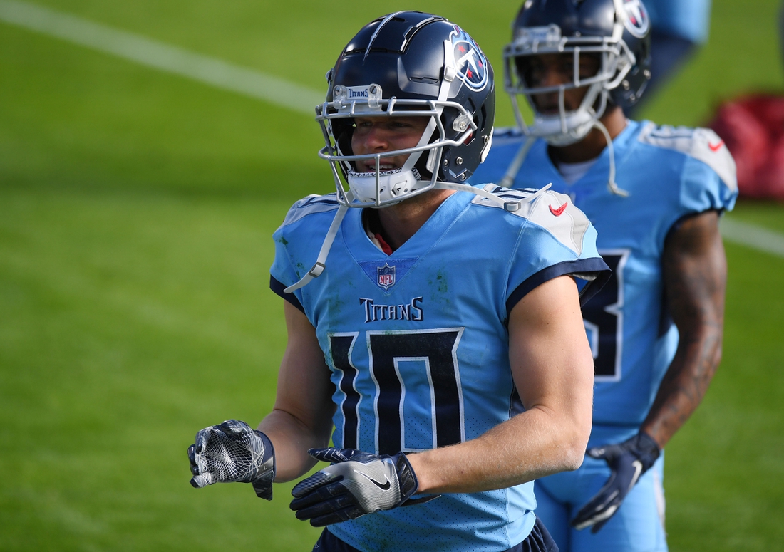 Dec 6, 2020; Nashville, Tennessee, USA; Tennessee Titans wide receiver Adam Humphries (10) before the game against the Cleveland Browns at Nissan Stadium. Mandatory Credit: Christopher Hanewinckel-USA TODAY Sports