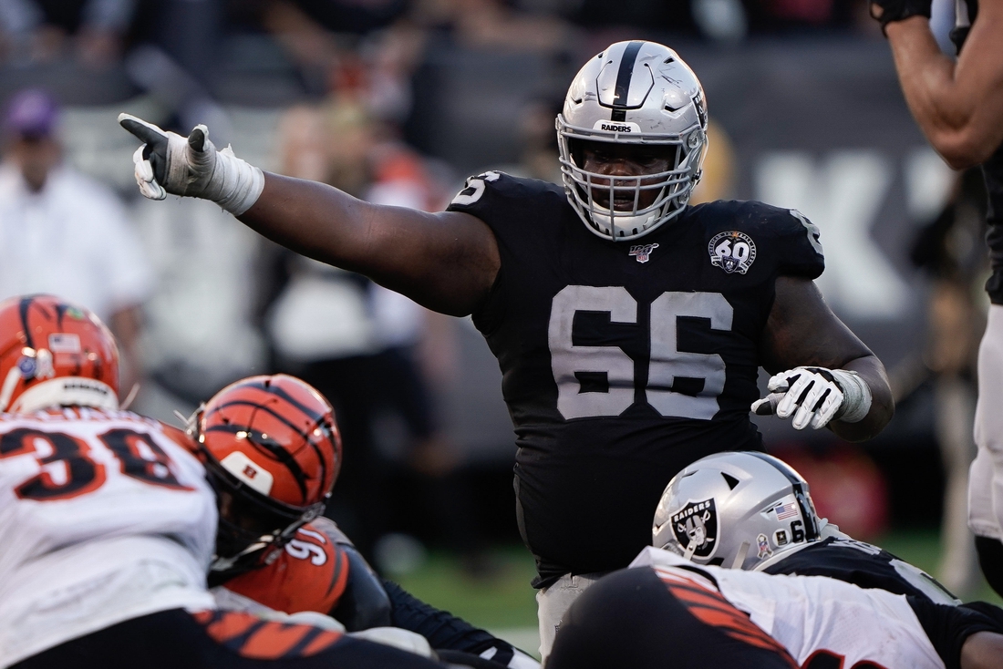 Nov 17, 2019; Oakland, CA, USA; Oakland Raiders offensive guard Gabe Jackson (66) signals against the Cincinnati Bengals during the fourth quarter at the Oakland Coliseum. Mandatory Credit: Stan Szeto-USA TODAY Sports