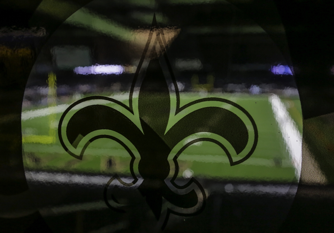 Sep 27, 2020; New Orleans, Louisiana, USA; A general view of the New Orleans Saints logo prior to kickoff against the Green Bay Packers at the Mercedes-Benz Superdome. Mandatory Credit: Derick E. Hingle-USA TODAY Sports