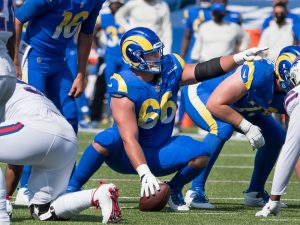 Sep 27, 2020; Orchard Park, New York, USA; Los Angeles Rams center Austin Blythe (66) points out a blocking scheme against the Buffalo Bills in the second quarter at Bills Stadium. Mandatory Credit: Mark Konezny-USA TODAY Sports