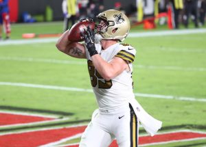 Nov 8, 2020; Tampa, Florida, USA; New Orleans Saints tight end Josh Hill (89) celebrates as he scores a touchdown against the Tampa Bay Buccaneers during the second half at Raymond James Stadium. Mandatory Credit: Kim Klement-USA TODAY Sports