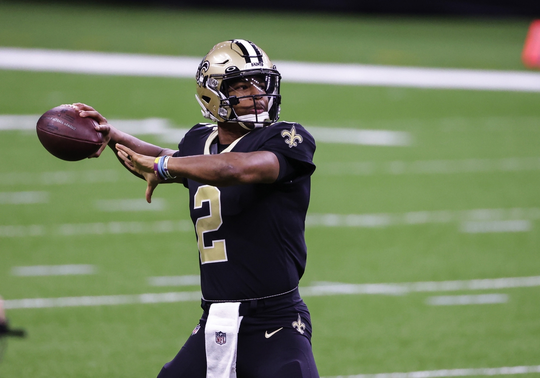 Nov 15, 2020; New Orleans, Louisiana, USA; New Orleans Saints quarterback Jameis Winston (2) throws during warm ups prior to kickoff against the San Francisco 49ers at the Mercedes-Benz Superdome. Mandatory Credit: Derick E. Hingle-USA TODAY Sports