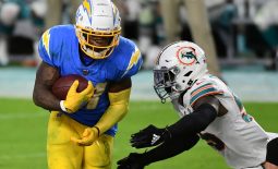 Nov 15, 2020; Miami Gardens, Florida, USA; Los Angeles Chargers running back Kalen Ballage (31) runs the ball against the Miami Dolphins during the second half at Hard Rock Stadium. Mandatory Credit: Jasen Vinlove-USA TODAY Sports