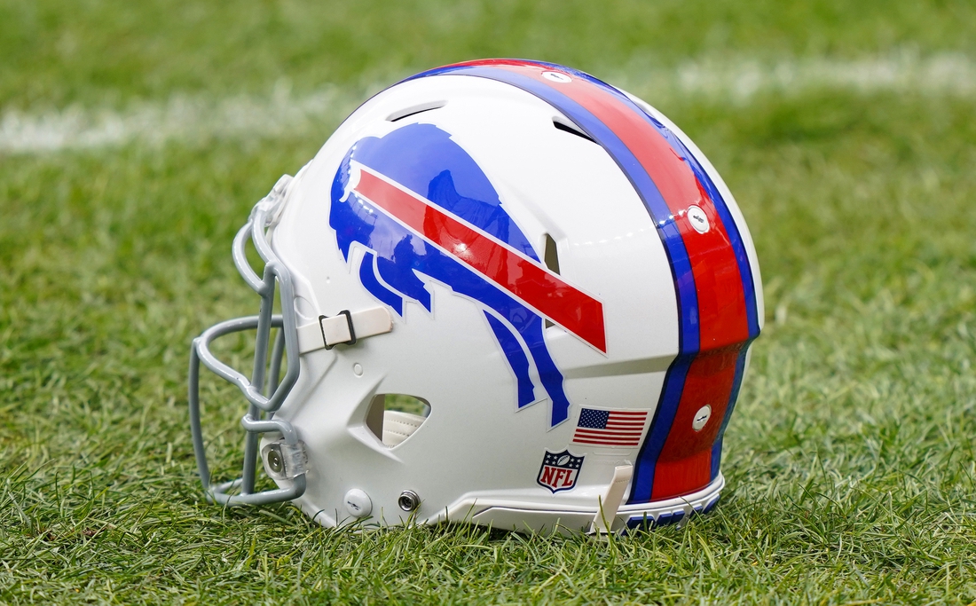Dec 19, 2020; Denver, Colorado, USA; A general view of the  Buffalo Bills helmet before game against the Denver Broncos at Empower Field at Mile High. Mandatory Credit: Troy Babbitt-USA TODAY Sports