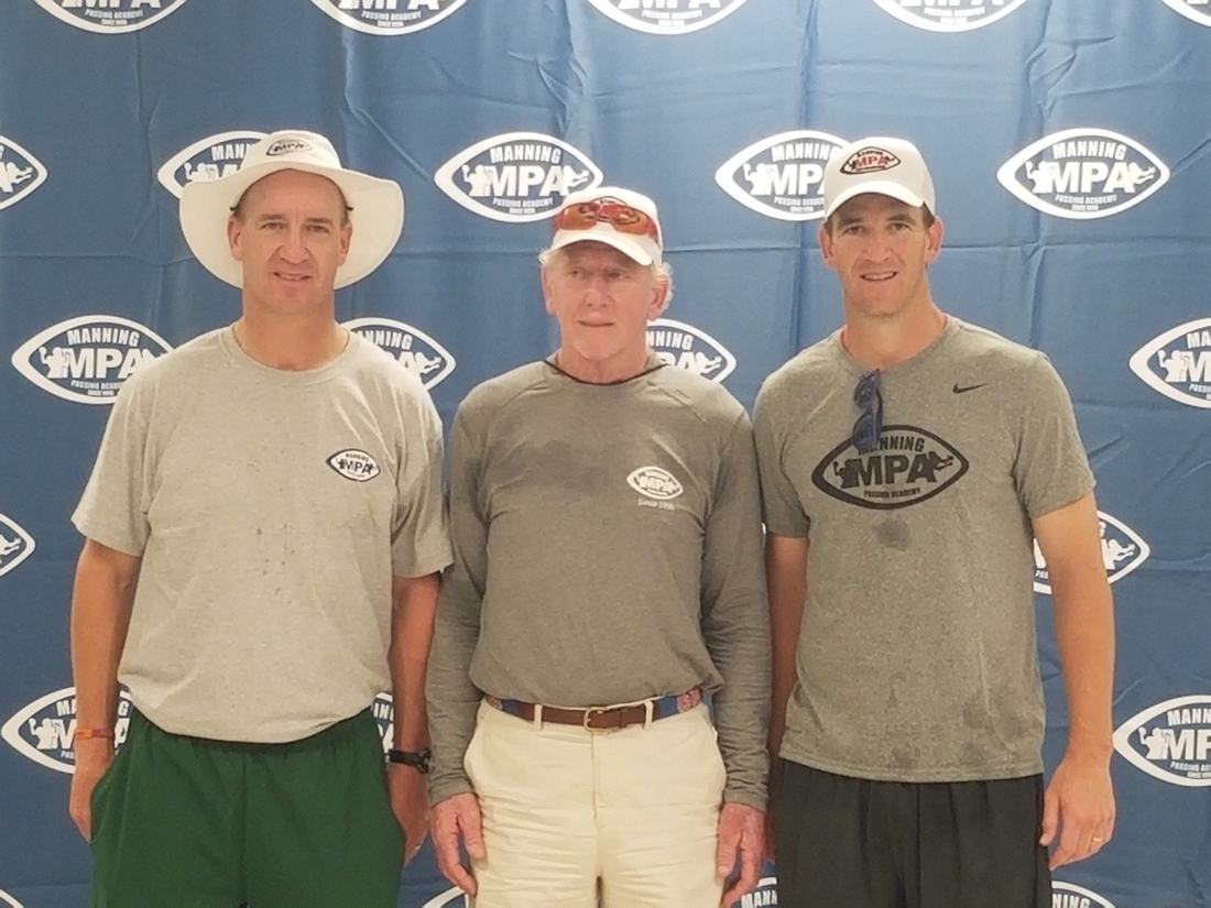 Left to right: Peyton Manning, Archie Manning and Eli Manning pose at the 24th Annual Manning Passing Academy on June 28, 2019.

Archie Manning Eli Peyton MPA 2019