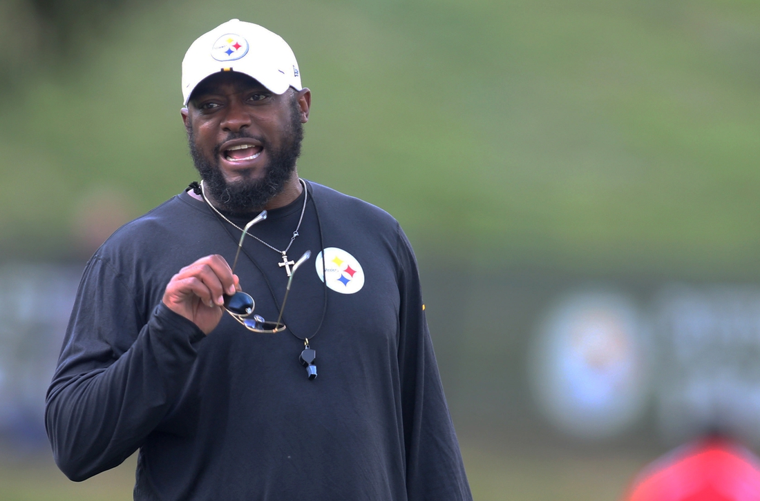 Jul 27, 2019; Latrobe, PA, USA; Pittsburgh Steelers head coach Mike Tomlin reacts during drills at training camp at Saint Vincent College. Mandatory Credit: Charles LeClaire-USA TODAY Sports