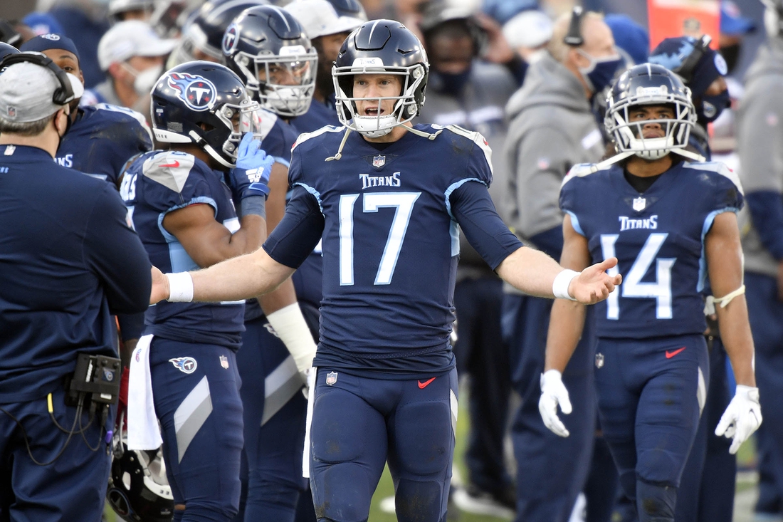 Jan 10, 2021; Nashville, Tennessee, USA; Tennessee Titans quarterback Ryan Tannehill (17) reacts on the sideline after throwing an interception in the fourth quarter during the Tennessee Titans game against the Baltimore Ravens. Mandatory Credit: George Walker/The Tennessean via USA TODAY Sports