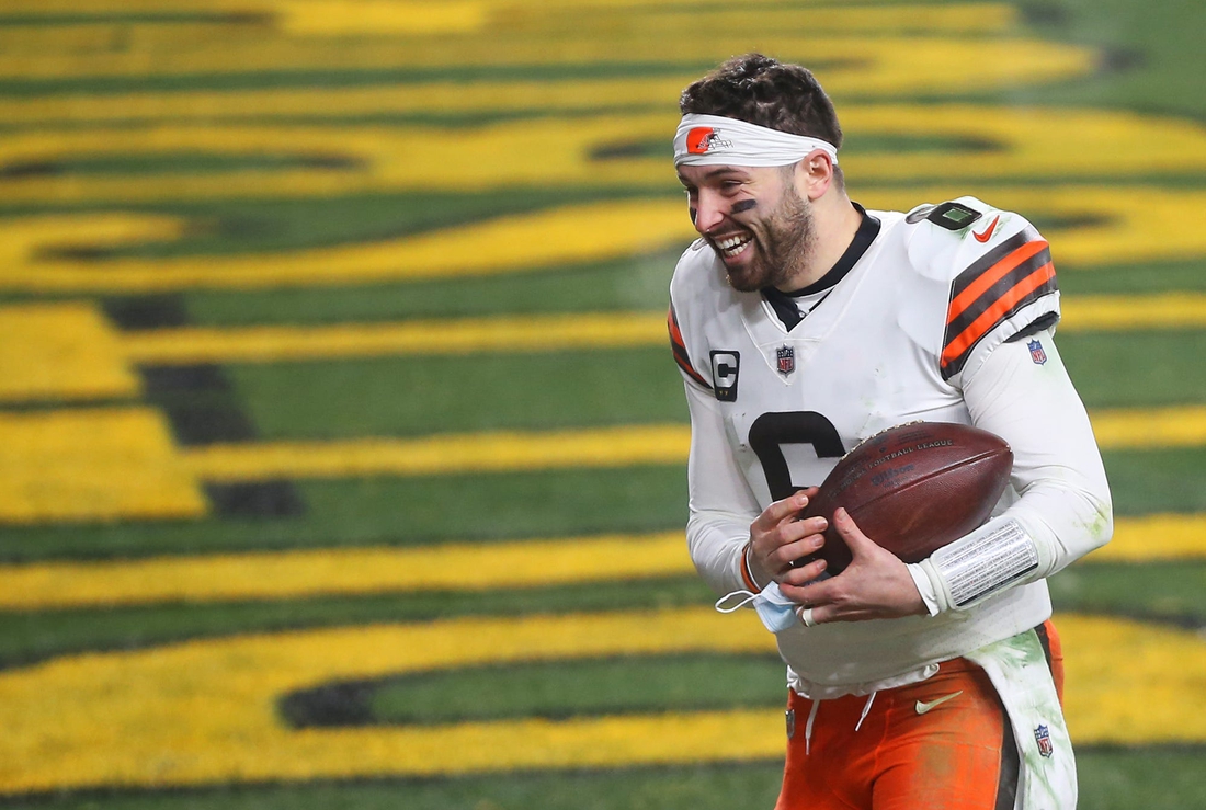 Browns quarterback Baker Mayfield (6) rushes back to the locker room after beating the Pittsburgh Steelers in an NFL wild-card playoff football game, Sunday, Jan. 10, 2021, in Pittsburgh, Pennsylvania. [Jeff Lange/Beacon Journal]

Browns Extras 10