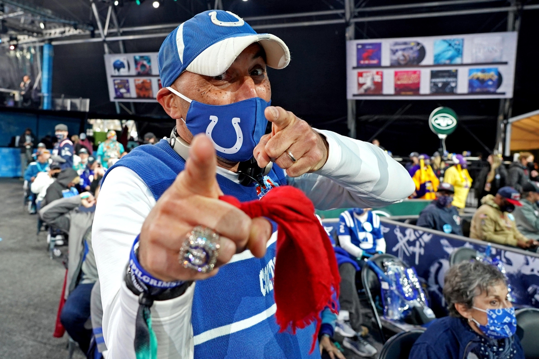Apr 29, 2021; Cleveland, Ohio, USA; An Indianapolis Colts fan pose for a picture before the 2021 NFL Draft at First Energy Stadium. Mandatory Credit: Kirby Lee-USA TODAY Sports