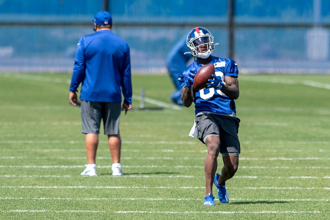 New York Giants wide receiver Kadarius Toney #89 catches a pass during drills at rookie minicamp at Quest Diagnostics Training Center in East Rutherford on May 14, 2021.

East Rutherford Newgiantsmini 004