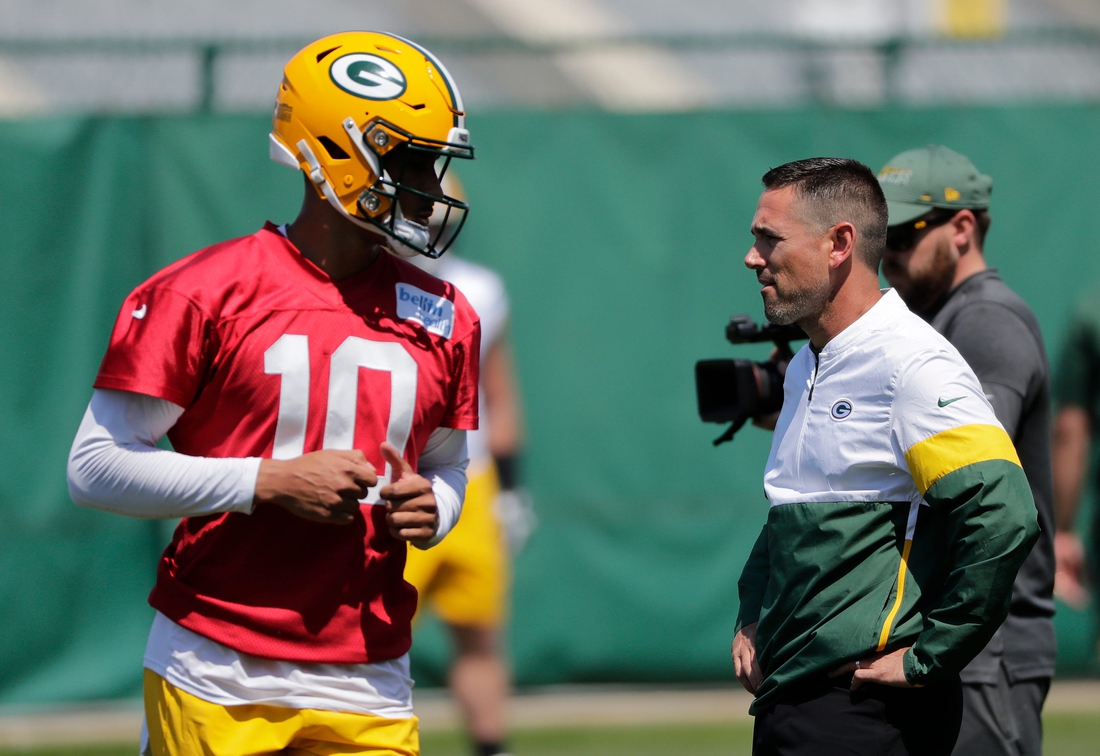 Green Bay Packers head coach Matt LaFleur engages with Jordan Love (10) as he participates in minicamp practice Wednesday, June 9, 2021, in Green Bay, Wis.

Cent02 7g5lqijkew5hy1rt71c Original
