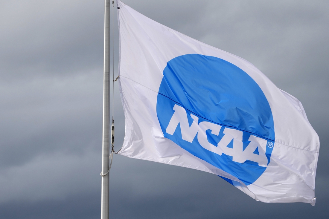 Jun 11, 2021; Eugene, Oregon, USA; An NCAA logo flag at the NCAA Track and Field Championships at Hayward Field. Mandatory Credit: Kirby Lee-USA TODAY Sports
