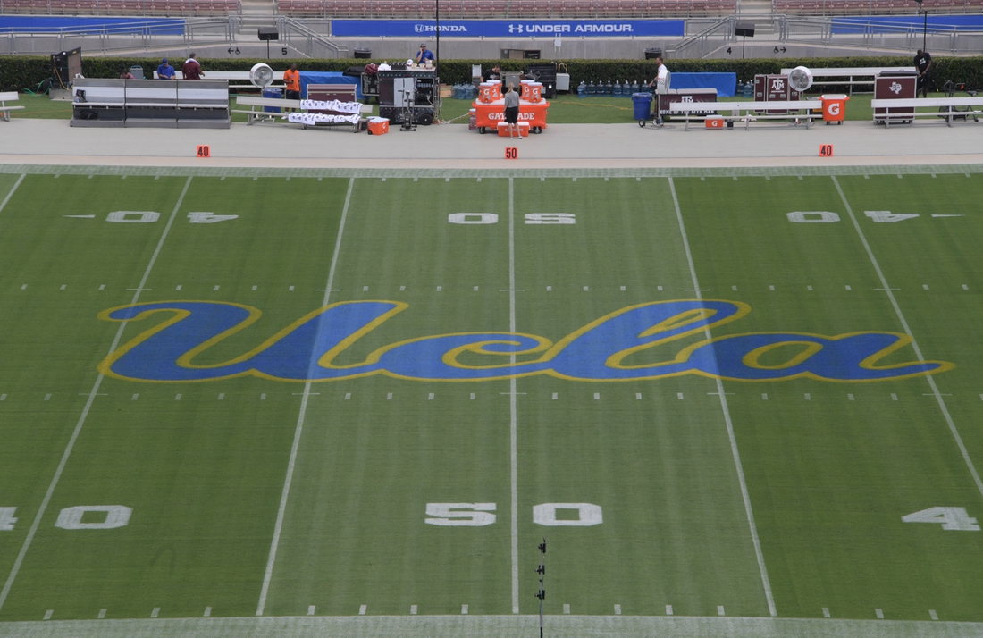 Sep 3, 2017; Pasadena, CA, USA; General overall view of the UCLA Bruins logo at midfield during a NCAA football game between the Texas A&M Aggies and the UCLA Bruinsat Rose Bowl. Mandatory Credit: Kirby Lee-USA TODAY Sports