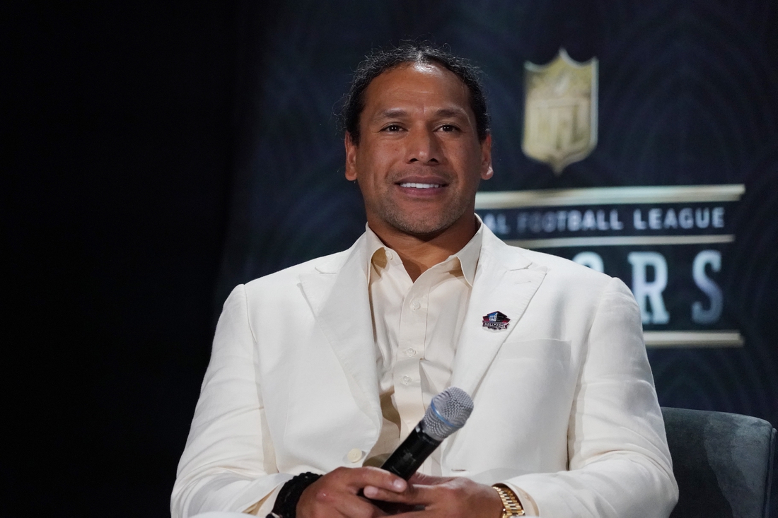 Feb 1, 2020; Miami, Florida, USA; Hall of Fame inductee Troy Polamalu speaks to the media druing NFL Honors awards presentation at Adrienne Arsht Center. Mandatory Credit: Kirby Lee-USA TODAY Sports