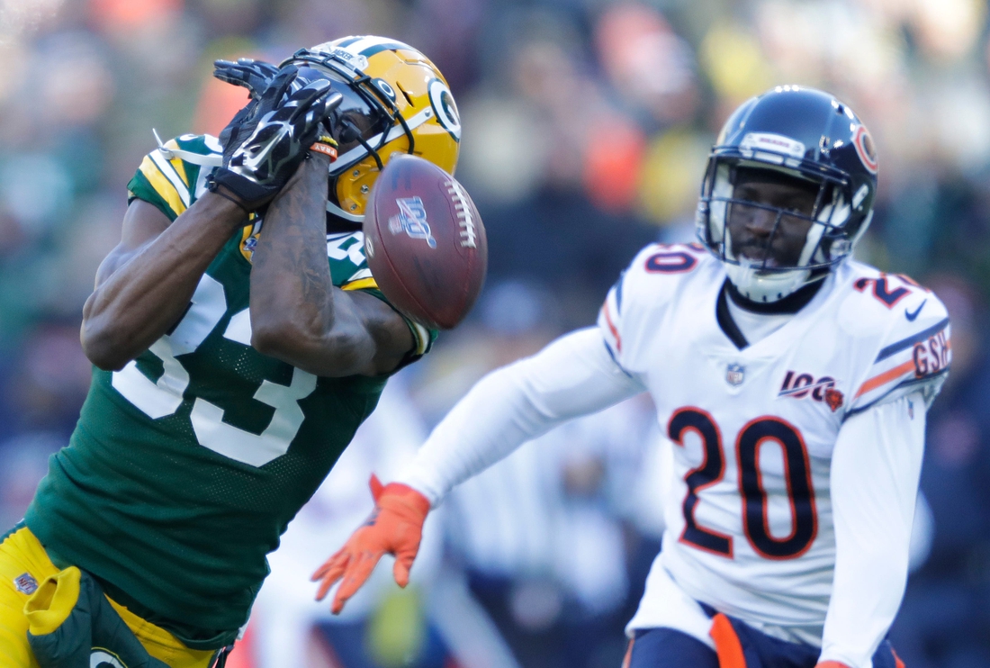 Green Bay Packers wide receiver Marquez Valdes-Scantling (83) drops a pass in the first quarter as he is covered by Chicago Bears cornerback Prince Amukamara (20) Sunday, December 15, 2019, at Lambeau Field in Green Bay, Wis. Dan Powers/USA TODAY NETWORK-Wisconsin

Apc Packvsbears 1215190265