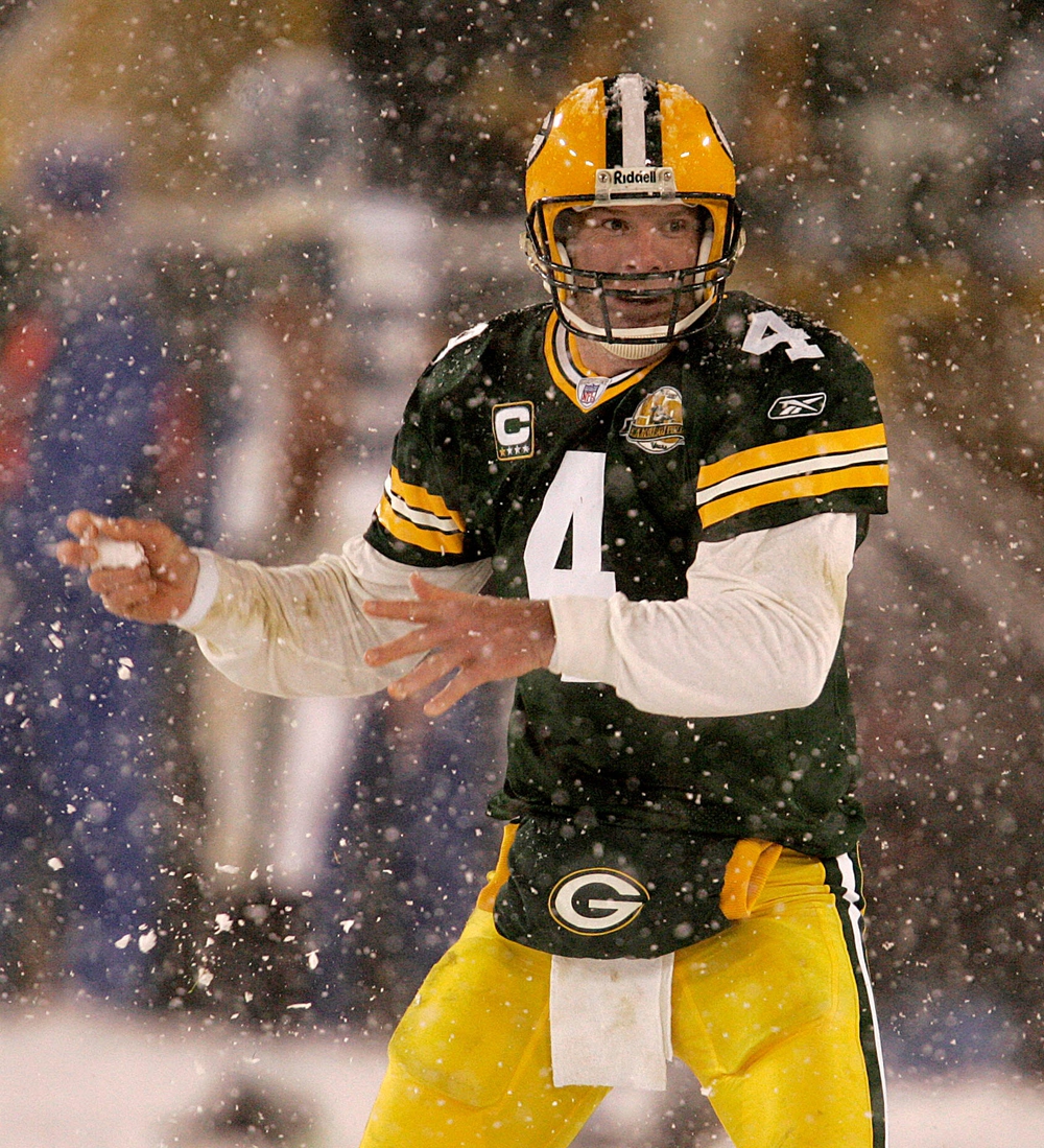 Green Bay Packers quarterback Brett Favre throws a snowball toward teammate  Donald Driver as they celebrate a touch down in the second half during the Green Bay Packers- Seattle Seahawks NFL Playoff game Saturday, January 12, 2008 at Lambeau Field.

Pack13