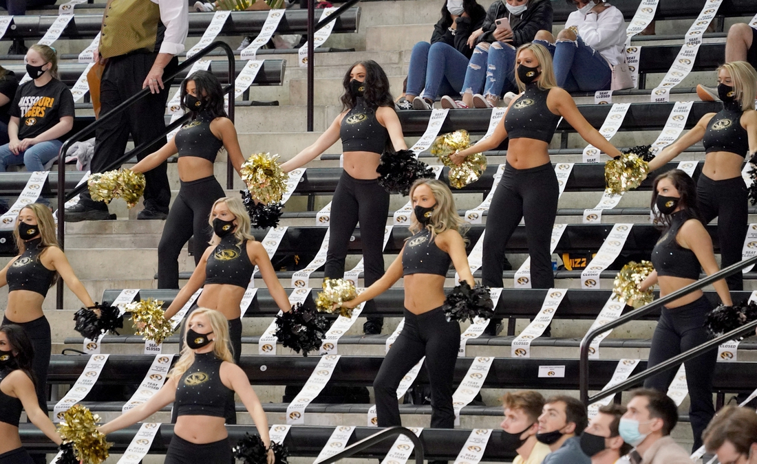 Mar 6, 2021; Columbia, Missouri, USA; The Missouri Tigers Golden Girls perform during the first half of the game against the LSU Tigers at Mizzou Arena. Mandatory Credit: Denny Medley-USA TODAY Sports