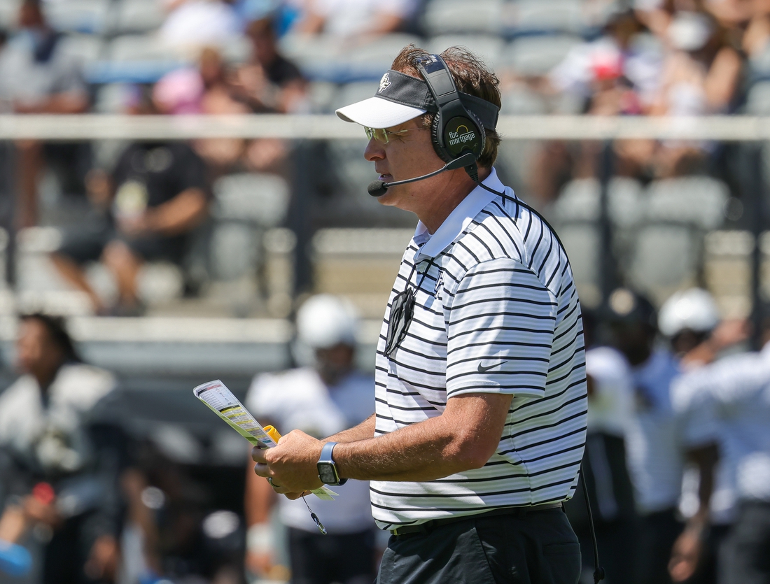 Apr 10, 2021; Orlando, Florida, USA; UCF Knights head coach Gus Malzahn looks on during the first quarter of the UCF Knights spring Game. Mandatory Credit: Mike Watters-USA TODAY Sports