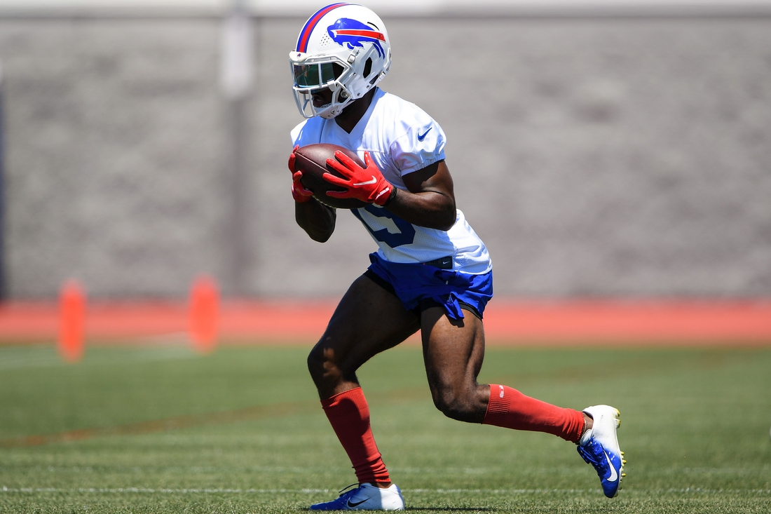 Jun 15, 2021; Buffalo, New York, USA; Buffalo Bills wide receiver Isaiah McKenzie (19) catches a pass during minicamp at the ADPRO Sports Training Center. Mandatory Credit: Rich Barnes-USA TODAY Sports