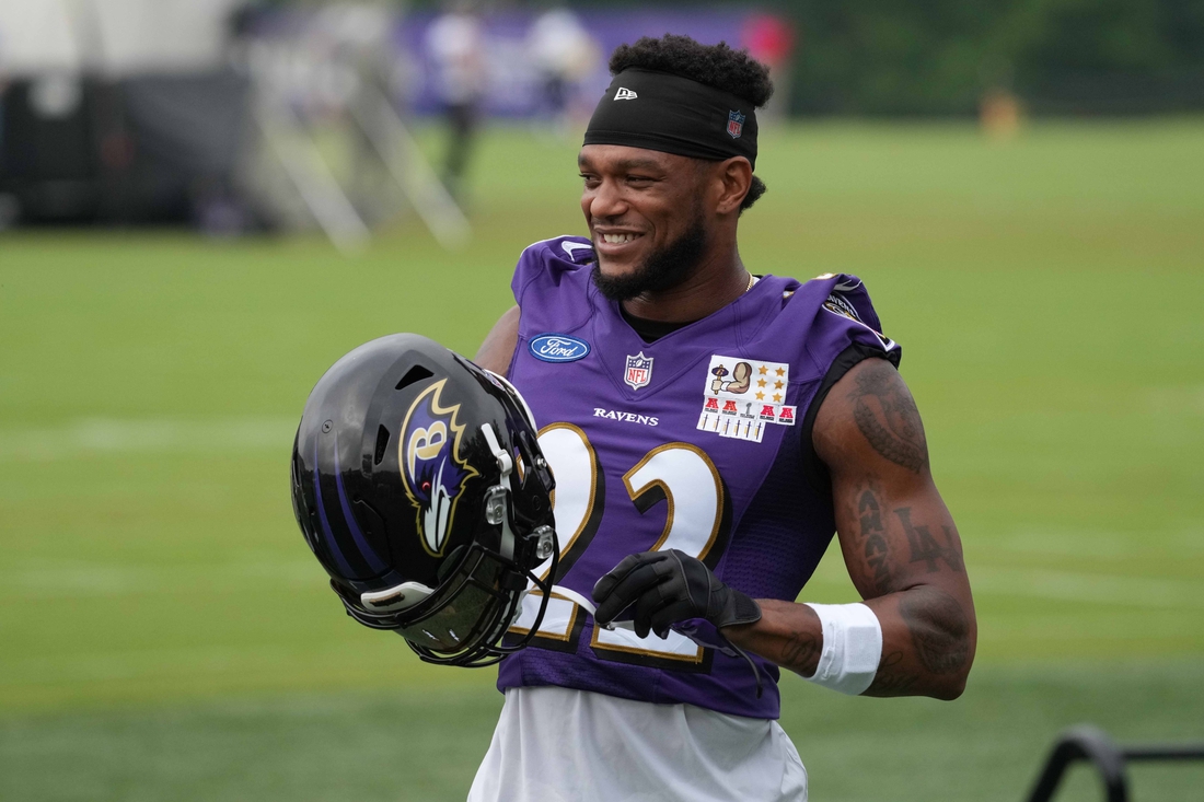 Jul 29, 2021; Owings Mills, MD, USA; Baltimore Ravens cornerback Jimmy Smith (22) practices at the Under Amour Performance Center. Mandatory Credit: Mitch Stringer-USA TODAY Sports