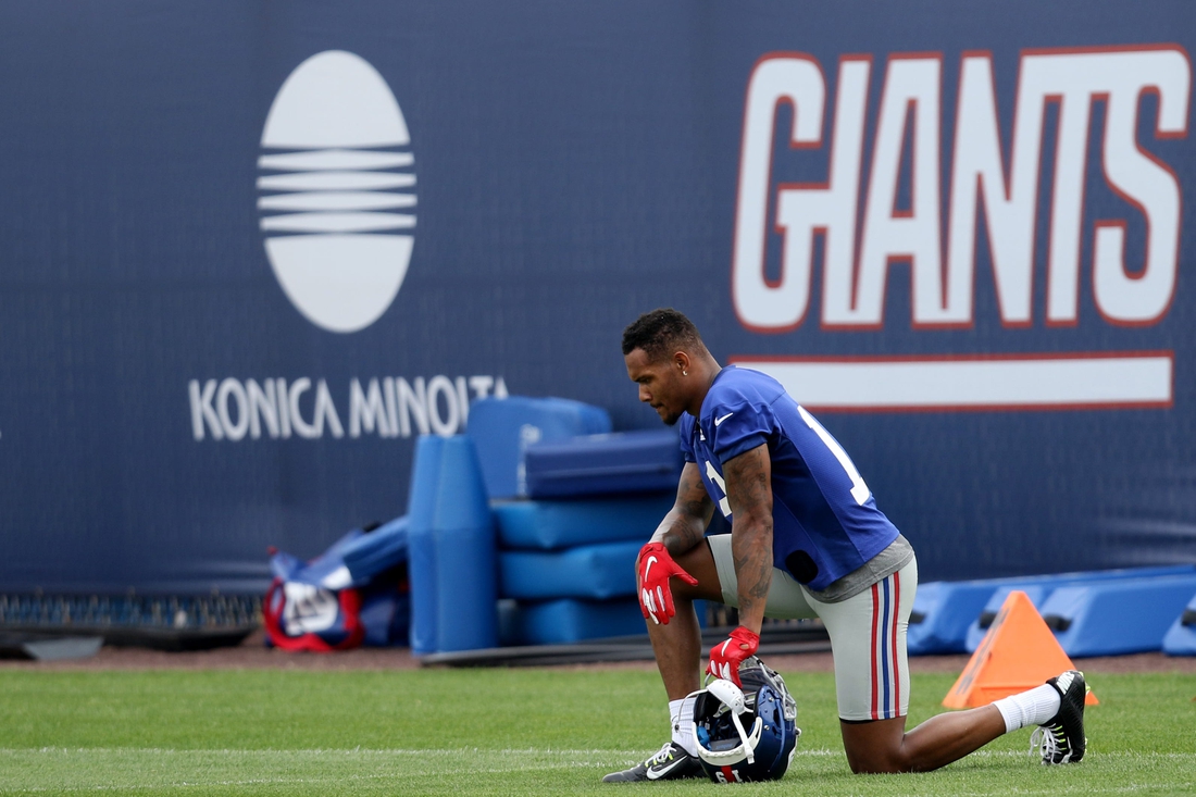 Giants wide receiver Kenny Golladay takes a moment to rest during Giants practice, in East Rutherford. Thursday, July 29, 2021

Giants