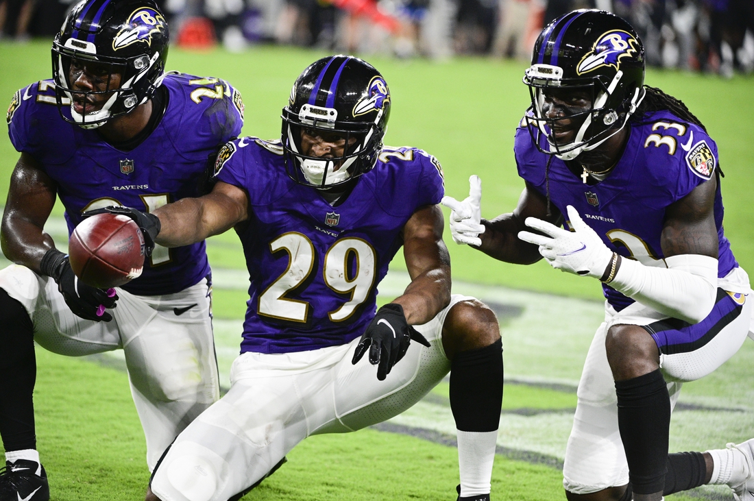 Aug 14, 2021; Baltimore, Maryland, USA; Baltimore Ravens cornerback Shaun Wade (29) celebrates with  cornerback Brandon Stephens (21) and Baltimore Ravens cornerback Davontae Harris (33) after interception a New Orleans Saints quarterback Ian Book (not pictured ) pass  during the second half at M&T Bank Stadium. Mandatory Credit: Tommy Gilligan-USA TODAY Sports