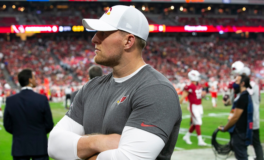 Cardinals defensive end J.J. Watt looks on from the sideline during the first half of the preseason game against the Chiefs at State Farm Stadium in Glendale on August 20, 2021.

Cardinals Preseason