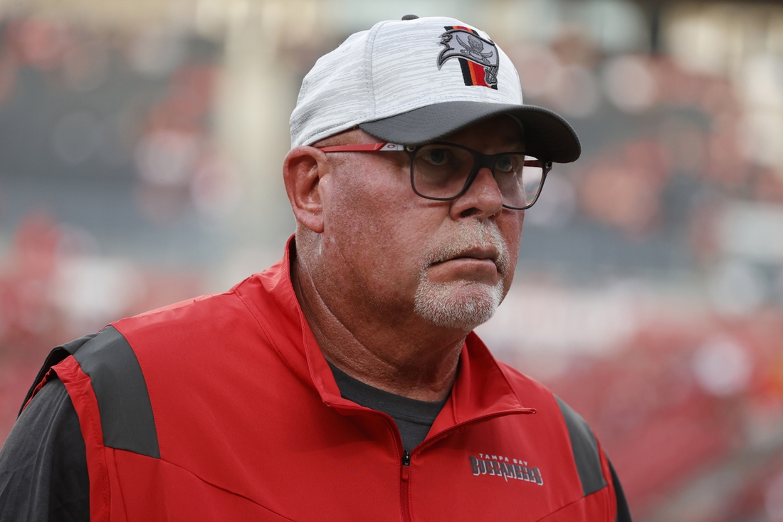 Aug 21, 2021; Tampa, Florida, USA;  Tampa Bay Buccaneers head coach Bruce Arians looks on before a game against the Tennessee Titans at Raymond James Stadium. Mandatory Credit: Kim Klement-USA TODAY Sports