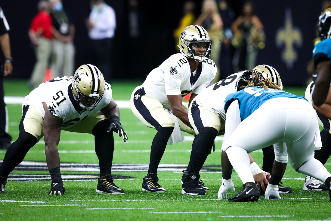 Aug 23, 2021; New Orleans, Louisiana, USA; New Orleans Saints quarterback Jameis Winston (2) waits for the snap against the Jacksonville Jaguars during the first half at Caesars Superdome. Mandatory Credit: Stephen Lew-USA TODAY Sports