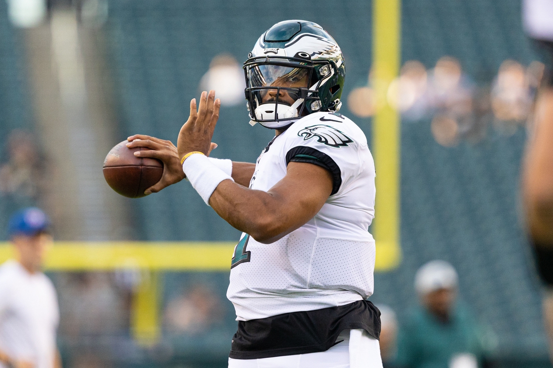 Aug 19, 2021; Philadelphia, Pennsylvania, USA; Philadelphia Eagles quarterback Jalen Hurts (1) before a game against the New England Patriots at Lincoln Financial Field. Mandatory Credit: Bill Streicher-USA TODAY Sports
