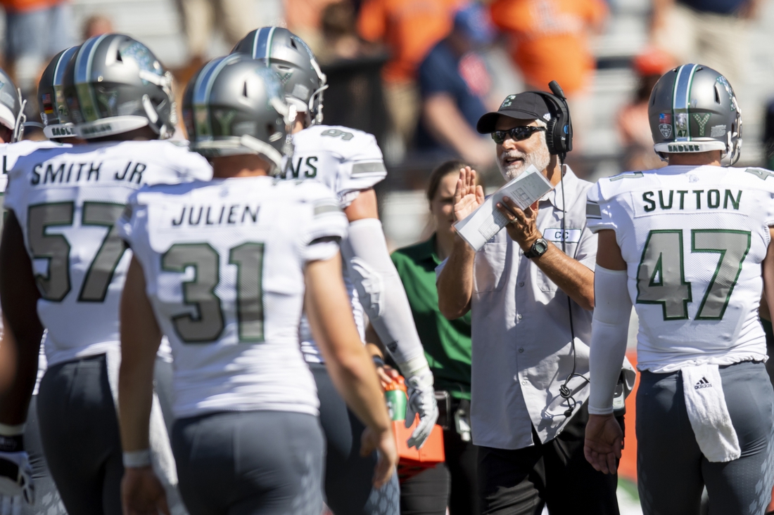 Sep 14, 2019; Champaign, IL, USA; Eastern Michigan Eagles head coach Chris Creighton reacts during the second half against the Illinois Fighting Illini at Memorial Stadium. Mandatory Credit: Patrick Gorski-USA TODAY Sports