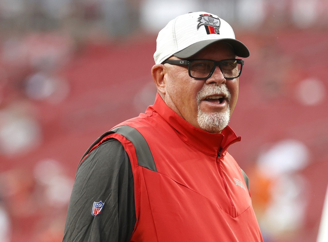 Aug 14, 2021; Tampa, Florida, USA;  Tampa Bay Buccaneers head coach Bruce Arians prior to the game against the Cincinnati Bengals at Raymond James Stadium. Mandatory Credit: Kim Klement-USA TODAY Sports