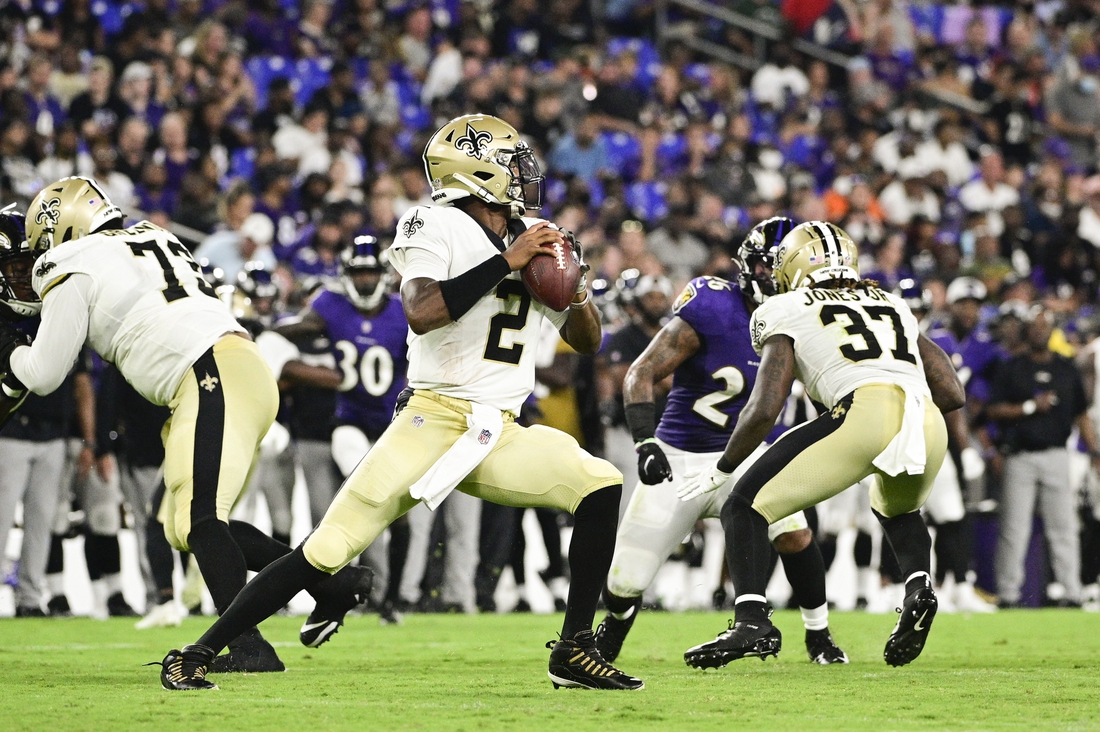 Aug 14, 2021; Baltimore, Maryland, USA;  New Orleans Saints quarterback Jameis Winston (2) drops back to pass during the second quarter against the Baltimore Ravens at M&T Bank Stadium. Mandatory Credit: Tommy Gilligan-USA TODAY Sports