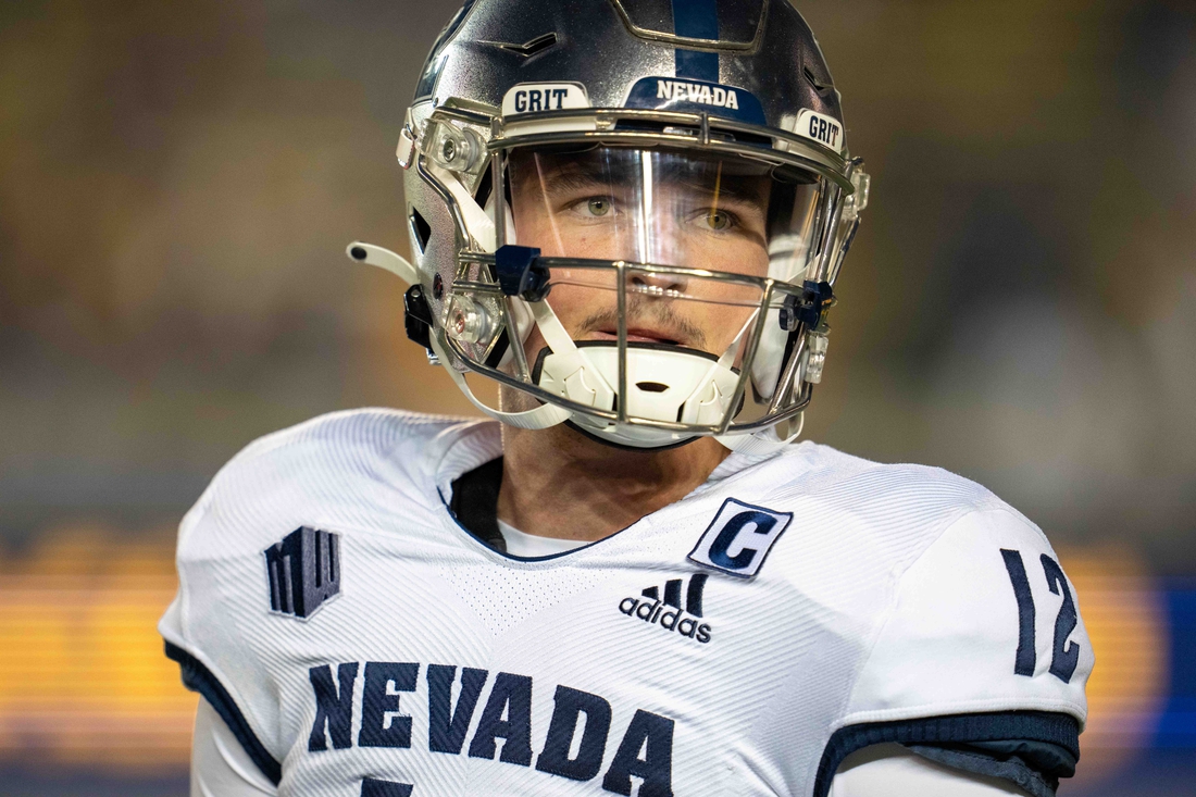 Sep 4, 2021; Berkeley, California, USA; Nevada Wolf Pack quarterback Carson Strong (12) on the sidelines awaiting his turn to take the field against the California Golden Bears during the first quarter at FTX Field at California Memorial Stadium. Mandatory Credit: Neville E. Guard-USA TODAY Sports
