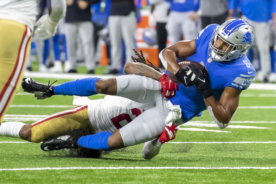 Sep 12, 2021; Detroit, Michigan, USA; Detroit Lions wide receiver Tyrell Williams (6) catches the ball for a first down in the first quarter against the San Francisco 49ers at Ford Field. Mandatory Credit: David Reginek-USA TODAY Sports