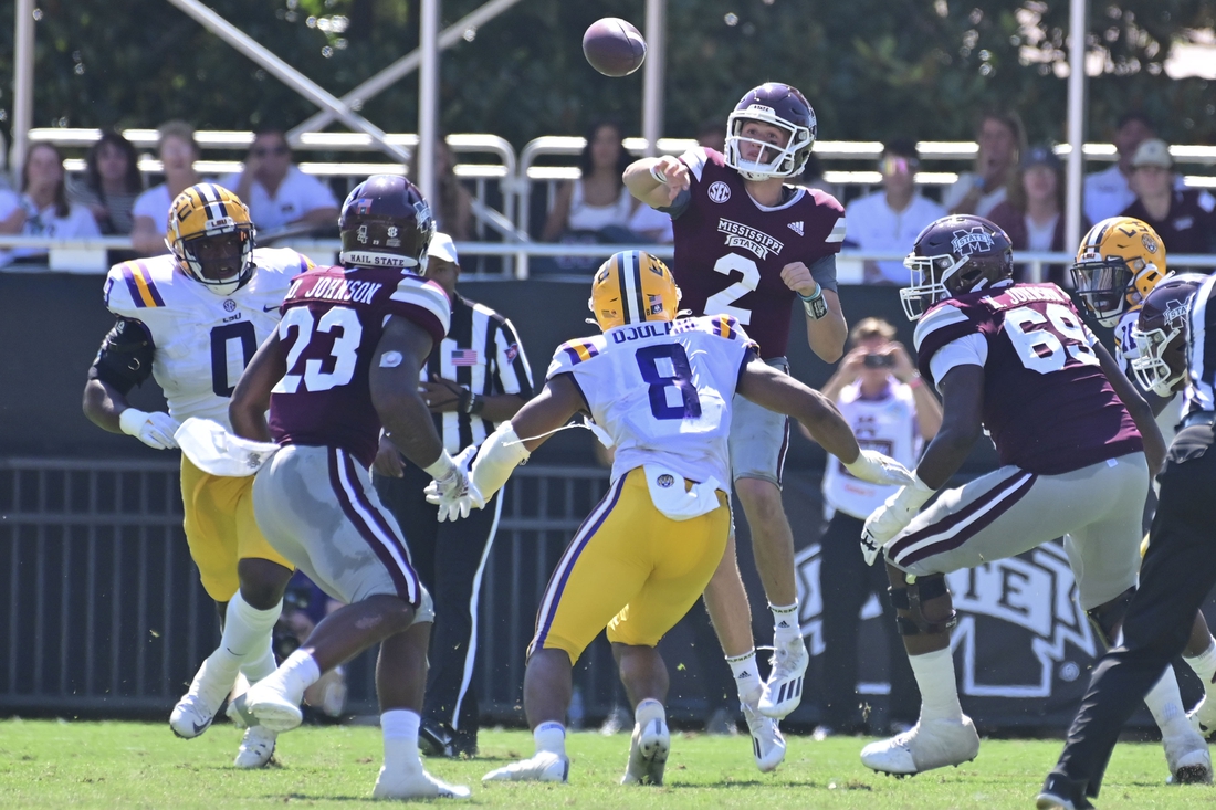 Sep 25, 2021; Starkville, Mississippi, USA; Mississippi State Bulldogs quarterback Will Rogers (2) makes a pass against the LSU Tigers during the second quarter at Davis Wade Stadium at Scott Field. Mandatory Credit: Matt Bush-USA TODAY Sports