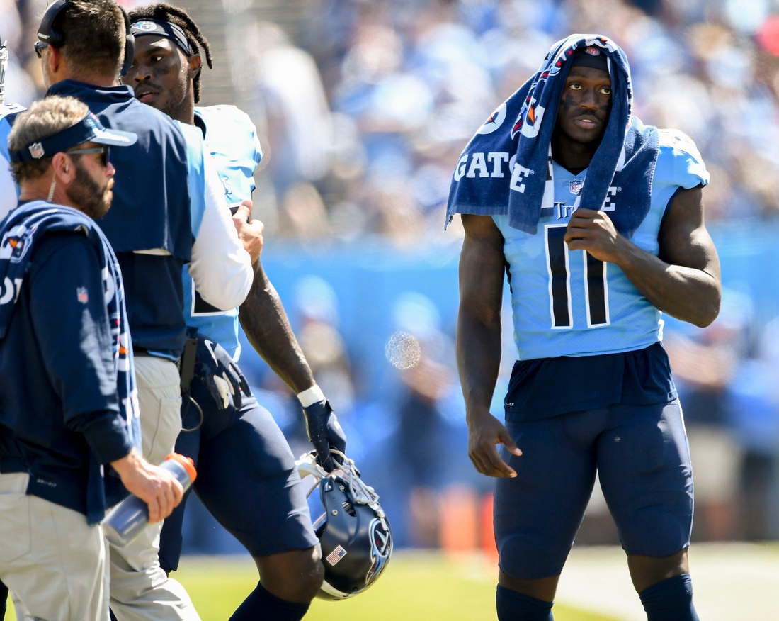 Tennessee Titans wide receiver A.J. Brown (11) on the sidelines during their game against the Colts  at Nissan Stadium Sunday, Sept. 26, 2021 in Nashville, Tenn.

Titans Colts 153