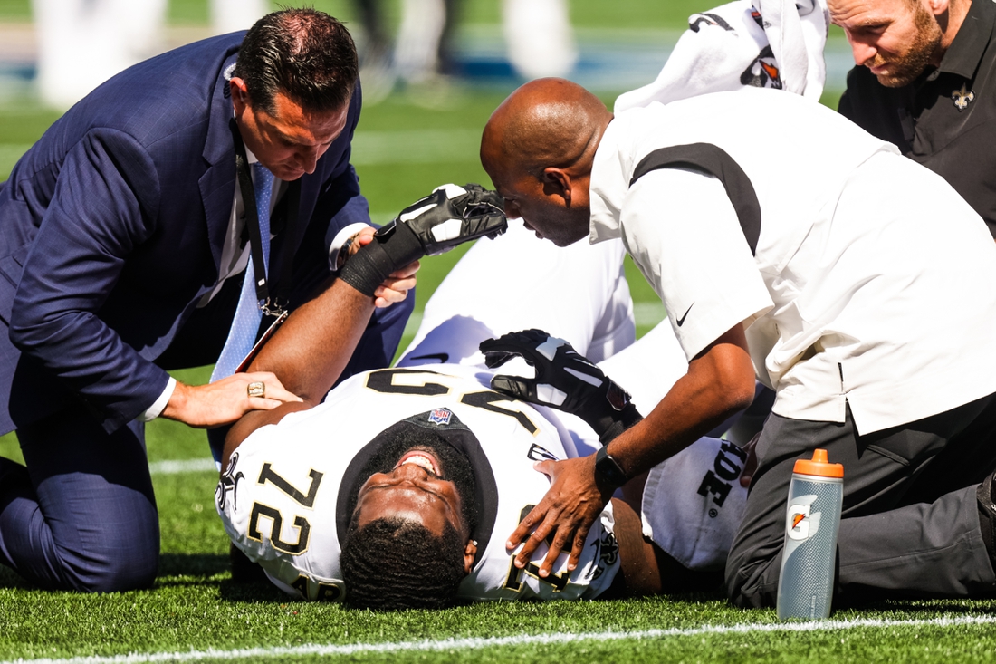 Sep 26, 2021; Foxborough, Massachusetts, USA;  New Orleans Saints offensive tackle Terron Armstead (72) is injured on a play against New England Patriots during the first half at Gillette Stadium. Mandatory Credit: Stephen Lew-USA TODAY Sports