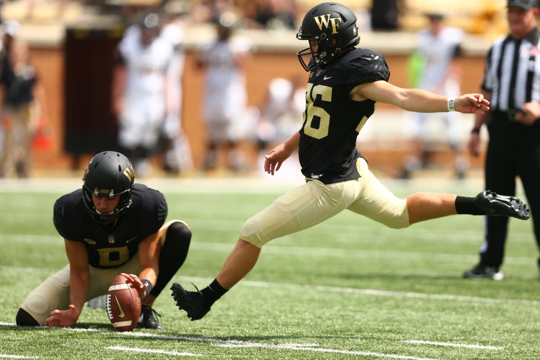 Sep 8, 2018; Winston-Salem, NC, USA; Wake Forest Demon Deacons place kicker Nick Sciba (96) attempts a field goal in the second quarter against the Towson Tigers at BB&T Field. Mandatory Credit: Jeremy Brevard-USA TODAY Sports