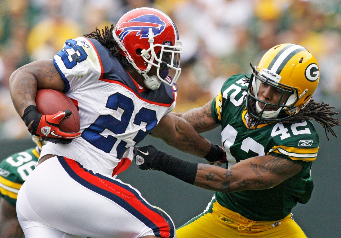 Buffalo Bills Marshawn Lynch breaks an attempted tackle by Green Bay Packers safety Morgan Burnett during the first quarter of their game Sunday, September 19, 2010 at Lambeau Field in Green Bay, Wis. The Packers won, 34-7.

Mjs Packers20 5 Of Hoffman Jpg Packers20