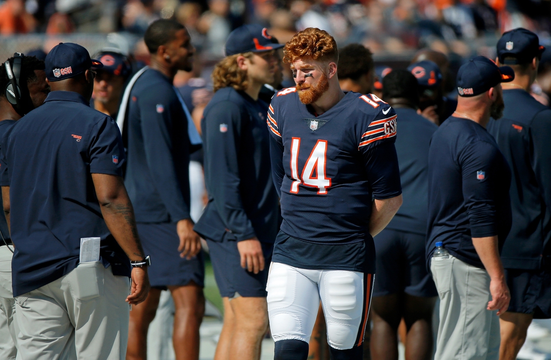 Sep 19, 2021; Chicago, Illinois, USA; Chicago Bears quarterback Andy Dalton (14) stands on the sideline during the fourth quarter of their game against the Cincinnati Bengals at Soldier Field. Mandatory Credit: Jon Durr-USA TODAY Sports