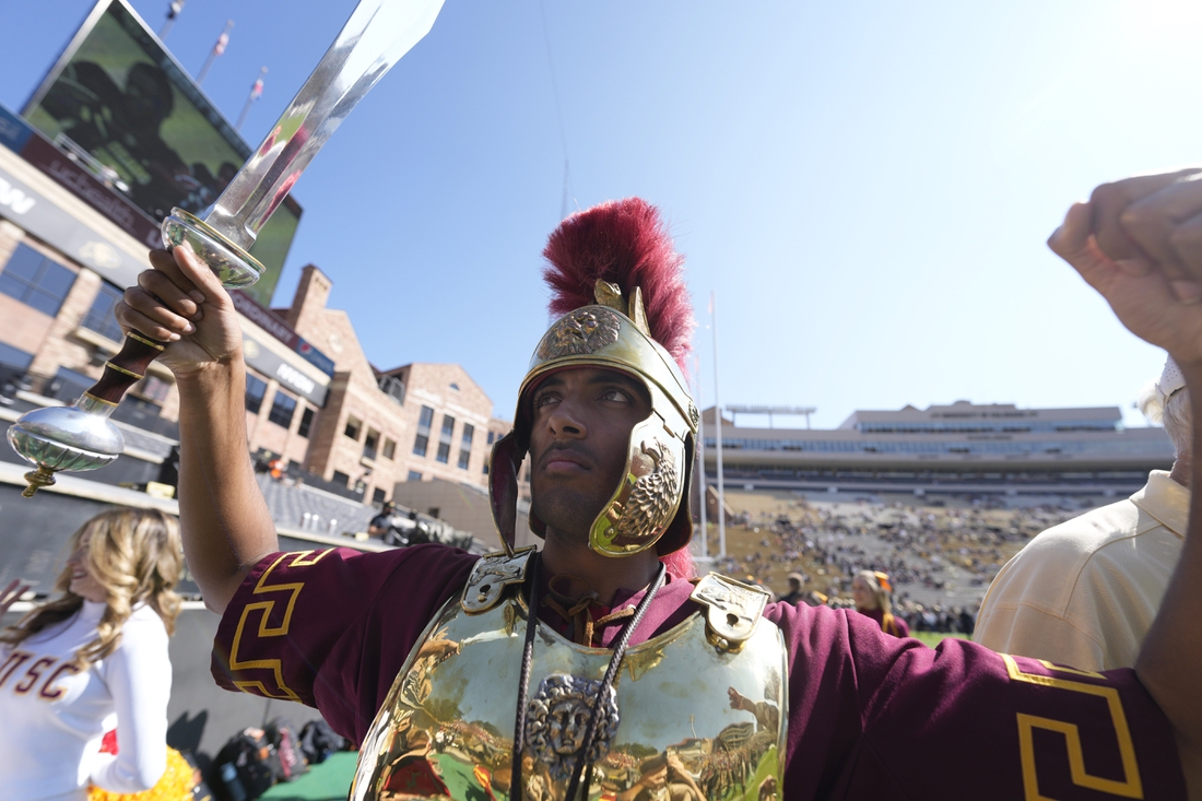 Oct 2, 2021; Boulder, Colorado, USA; USC Trojans mascot cheers before the game against the Colorado Buffaloes at Folsom Field. Mandatory Credit: Ron Chenoy-USA TODAY Sports
