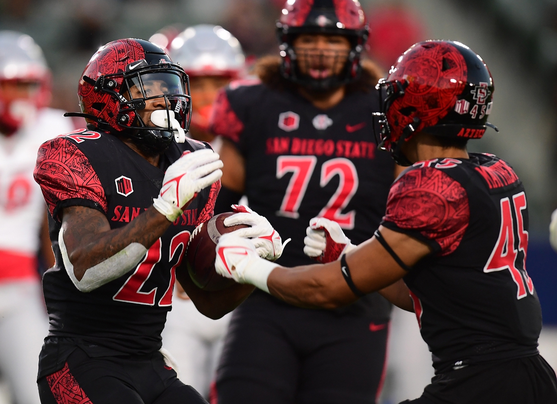 Oct 9, 2021; Carson, California, USA; San Diego State Aztecs running back Greg Bell (22) celebrates with wide receiver Jesse Matthews (45) his touchdown scored against the New Mexico Lobos during the first half at Dignity Health Sports Park. Mandatory Credit: Gary A. Vasquez-USA TODAY Sports
