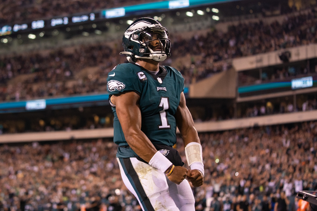 Oct 14, 2021; Philadelphia, Pennsylvania, USA; Philadelphia Eagles quarterback Jalen Hurts (1) reacts after his touchdown run against the Tampa Bay Buccaneers during the fourth quarter at Lincoln Financial Field. Mandatory Credit: Bill Streicher-USA TODAY Sports