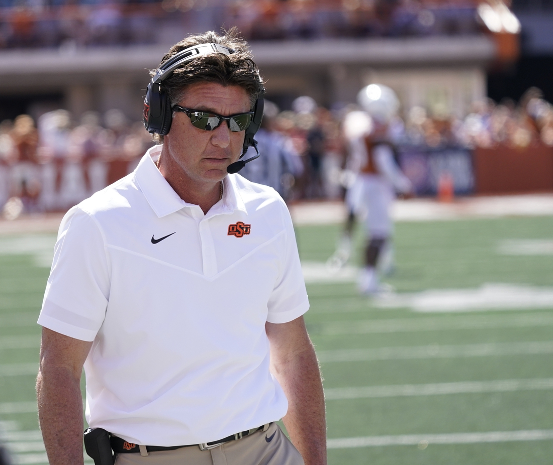 Oct 16, 2021; Austin, Texas, USA; Oklahoma State Cowboys head coach Mike Gundy in the second half of the game against the Texas Longhorns at Darrell K Royal-Texas Memorial Stadium. Mandatory Credit: Scott Wachter-USA TODAY Sports