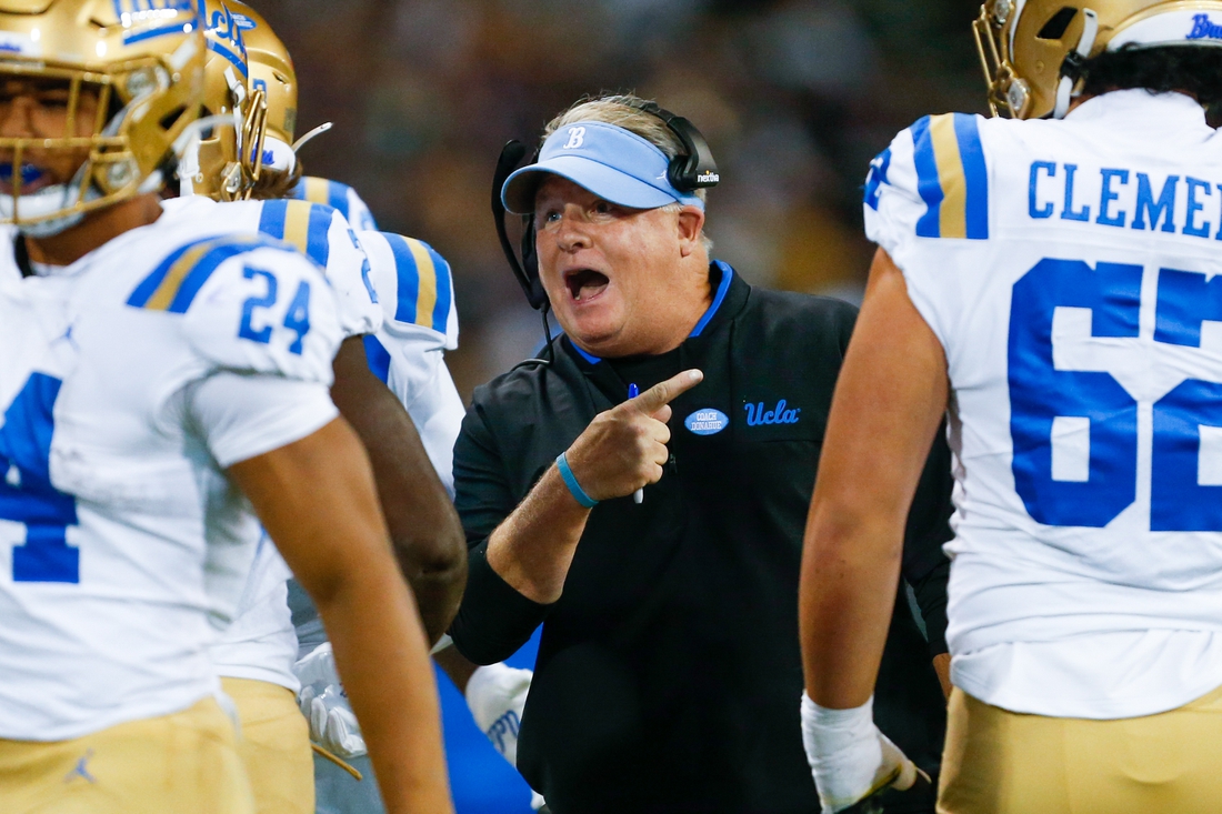 Oct 16, 2021; Seattle, Washington, USA; UCLA Bruins head coach Chip Kelly reacts following a touchdown against the Washington Huskies during the second quarter at Alaska Airlines Field at Husky Stadium. Mandatory Credit: Joe Nicholson-USA TODAY Sports