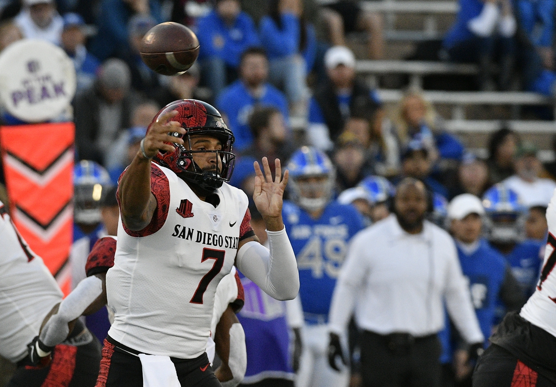 Oct 23, 2021; Colorado Springs, Colorado, USA;  San Diego State Aztecs quarterback Lucas Johnson (7) throws a pass during the first quarter against the Air Force Falcons at Falcon Stadium. Mandatory Credit: John Leyba-USA TODAY Sports